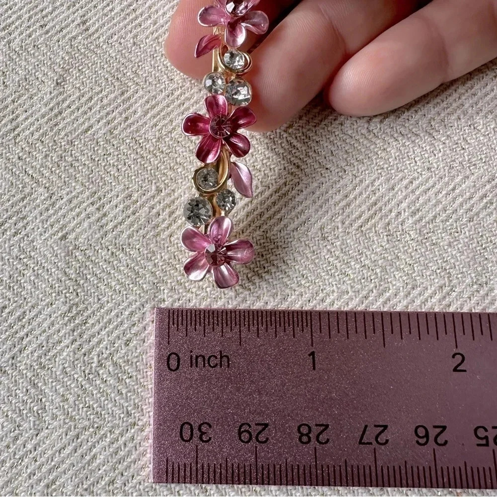 Pink Floral Romantic Gold Hair Pin w/ Crystal Rhinestones & Enamel - Picture 4 of 4